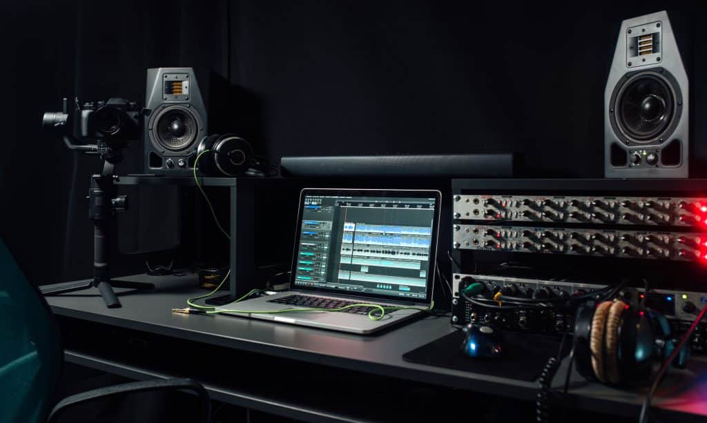 Professional audio equipment in recording studio.