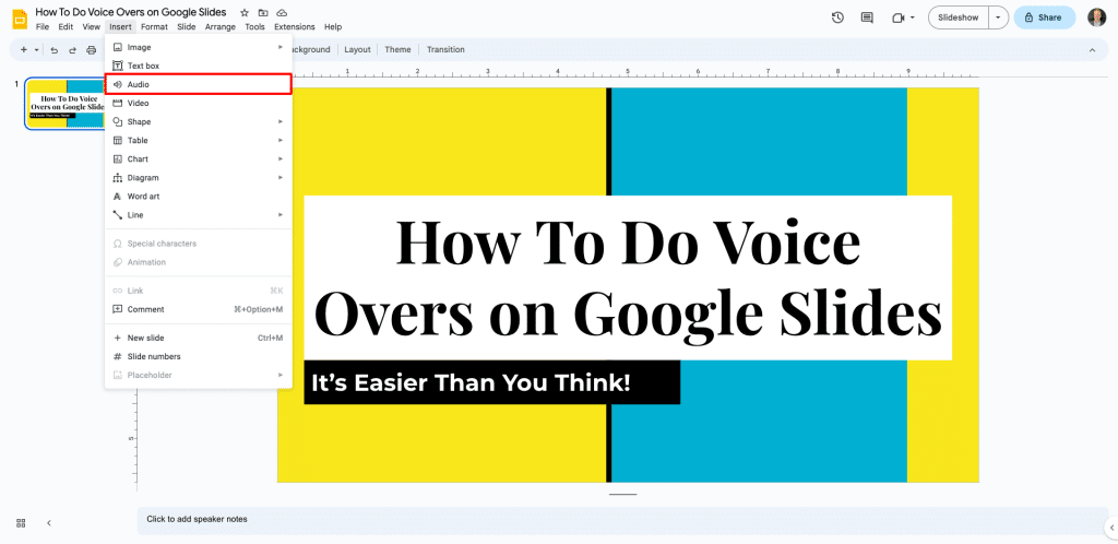 A screenshot of Google Slides, showing the Insert menu with the Audio option highlighted. This is the first step in adding a voice over to Google Slides.